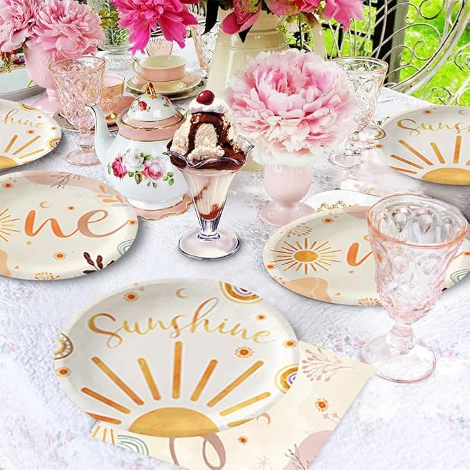 40Pcs First Trip Around The Sun Decorations First Birthday Plates and Napkin Set Girl Disposable Baby Shower Tableware Set Boho Sun 1st Birthday Party Decorations