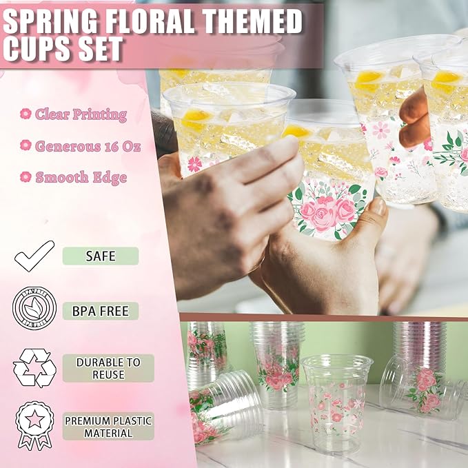 50 Pieces Floral Plastic Cups, 16 Oz Floral Clear Disposable Cups Bulk Flower Plastic Drinking Cup for Spring Summer Party Favor Flower Birthday Wedding Party Supplies