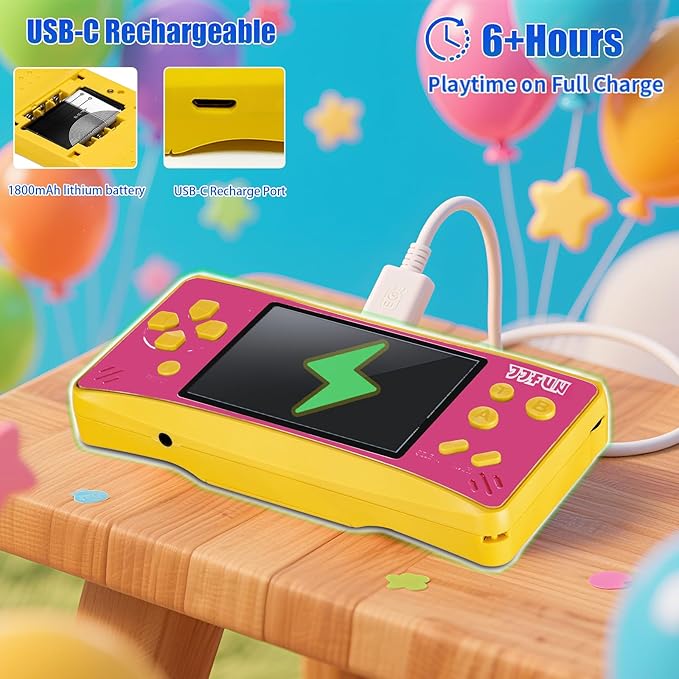 JJFUN Portable Game Console for Kids – 3.2" Screen, 168 Built-in Classic Games, Plug & Play on TV, Rechargeable, Ideal Gift for Boys & Girls, Great for Travel, Holidays & Birthdays