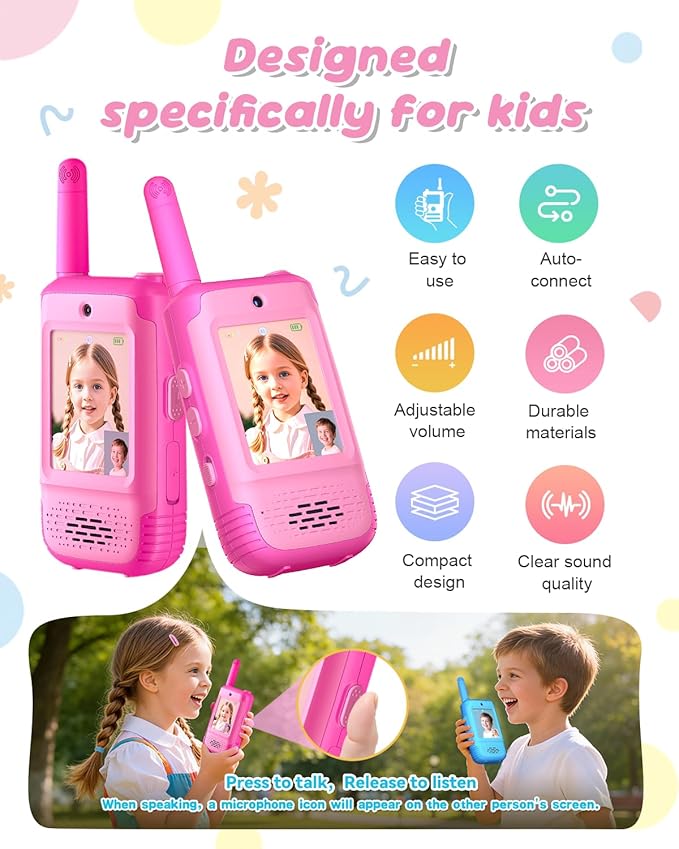 Video Walkie Talkies for Kids, Toys for Girls Ages 3-12, Kids Walkie Talkies 2 Pack with HD Video & 3 Voice Changers, Christmas Birthday Gifts for Kids Indoor Outdoor Camping Backyard Games (Pink)