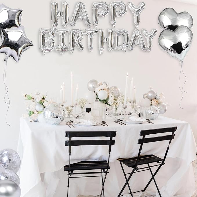 27 Pcs Silver Birthday Decorations, 3D Foil Silver Happy Birthday Balloon Banner, Pentagram Heart Foil Balloons Confetti Balloons Kit For Boys Girls Birthday Party Supplies