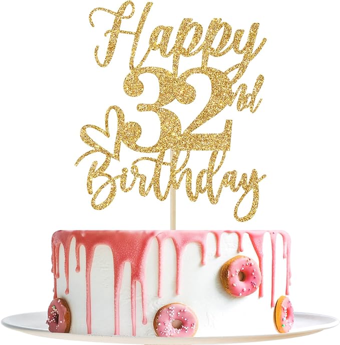 Happy 32nd Birthday Cake Topper, 32nd Birthday Decorations, Cheers to 32 Years, 32 Happy Birthday Party Supplies Gold Glitter