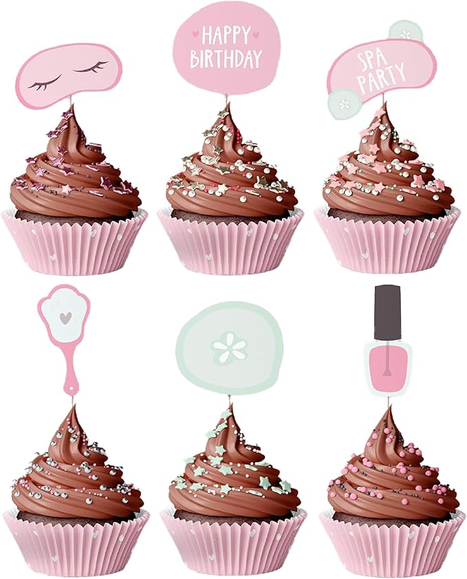 Spa Party Cupcake Toppers | Set of 24 | Spa Party Supplies for Girls - Cupcake Decorations & Cake Toppers for Girls Makeup or Slumber Birthday Celebration