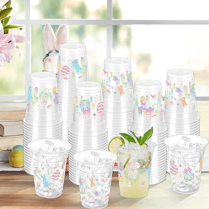 100 Pcs Easter Rabbit Plastic Drinking Cups, 12 oz Clear Disposable Party Cups for Easter, Spring, Birthday Parties