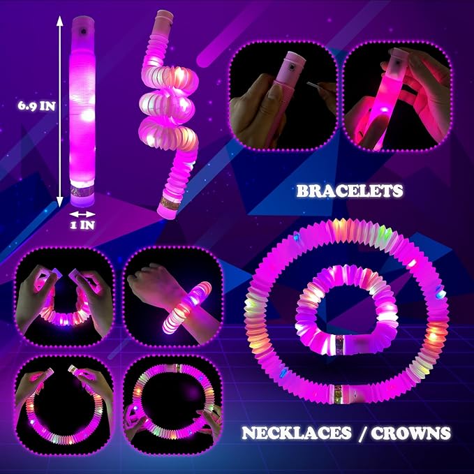 24 PCS Pink Glow Sticks Party Favors for Kids,LED Light up Pop Tubes for Toddlers, Neon Necklaces Bracelets Accessories,Glow Birthday Dance Wedding Easter Mardi Gras Parade Throws Party Supplies Decor