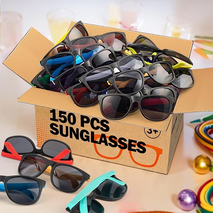150 Pcs Neon Color Sunglasses Bulk Party Favor, UV400 Sun Glasses Summer Beach Toy, Birthday Decor Supplies Kid Adult, Carnival Easter Goody Bag Stuffer, 80s Accessories, Girl Boy Class Prize Gift Box