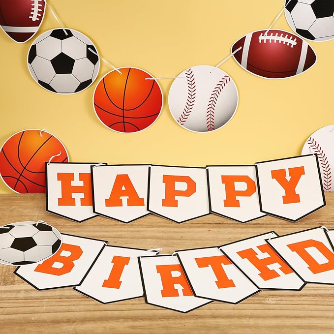 3pcs Sports Birthday Banner - Happy Birthday Basketball Baseball Football Rugby Decorations for Photo Props Party Supplies