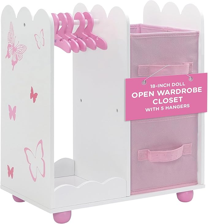 Emily Rose 18" Doll Open Wardrobe Closet - Butterfly Collection Storage Closet with 5 Hangers & 2 Large Fabric Bins | American Girl Compatible | USA Brand