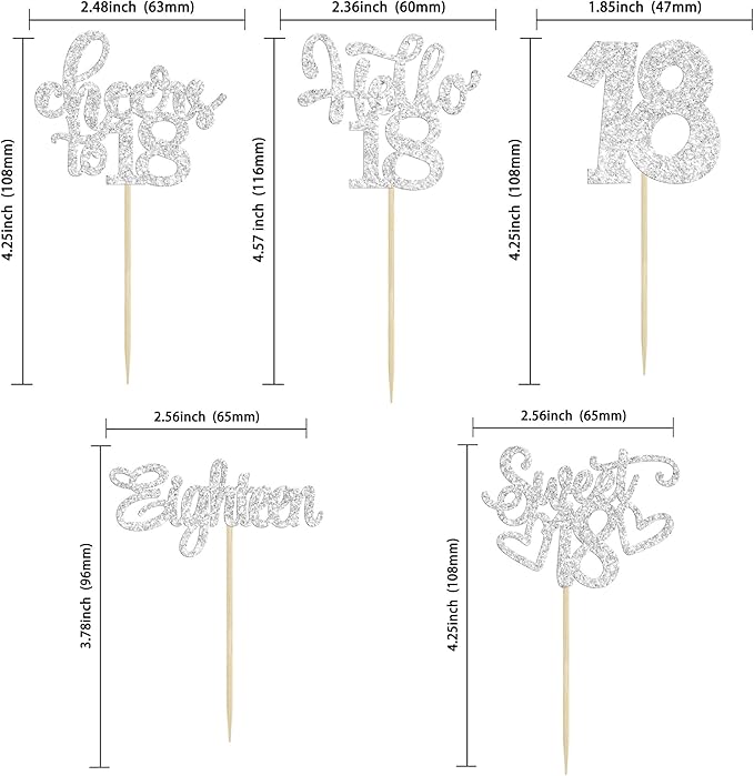 30Pcs18th Birthday Cupcake Toppers Eighteen Happy 18th Cupcake Picks Sweet 18 Cheers to 18 Cake Decorations for 18th Birthday Anniversary Party Supplies Silver Glitter