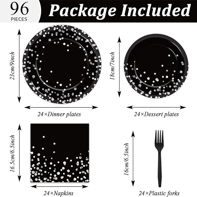 gisgfim 96 Pcs Black and Silver Party Supplies Paper Plates Napkins Silver Dot on Black Party Birthday Tableware Kit Black and White Birthday Decorations Favors Serves 24, MM1220