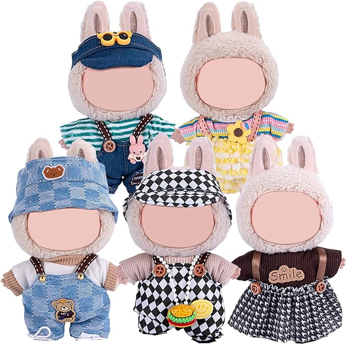 17cm Doll Clothes 5 Sets, Hat & Overalls Dress Up Outfit Compatible for Labubu 17cm 15cm Accessories, No Doll Included