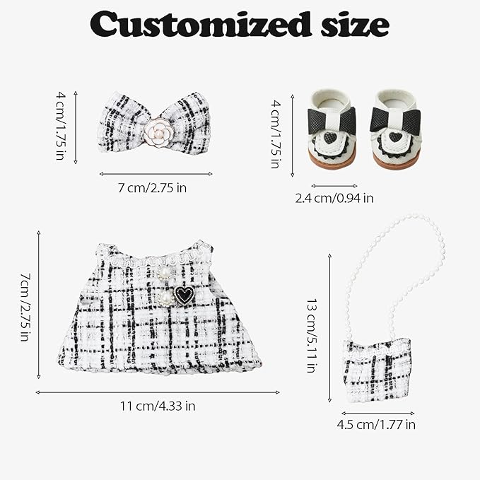 Clothes Compatible with LABUBU Doll – 4PCS Elegant Tweed Set, 17cm Doll Clothes Designer Outfit for Classic Monochrome Theme, Chic Stylish Accessories for Labubu, No Doll (Coco White Check)