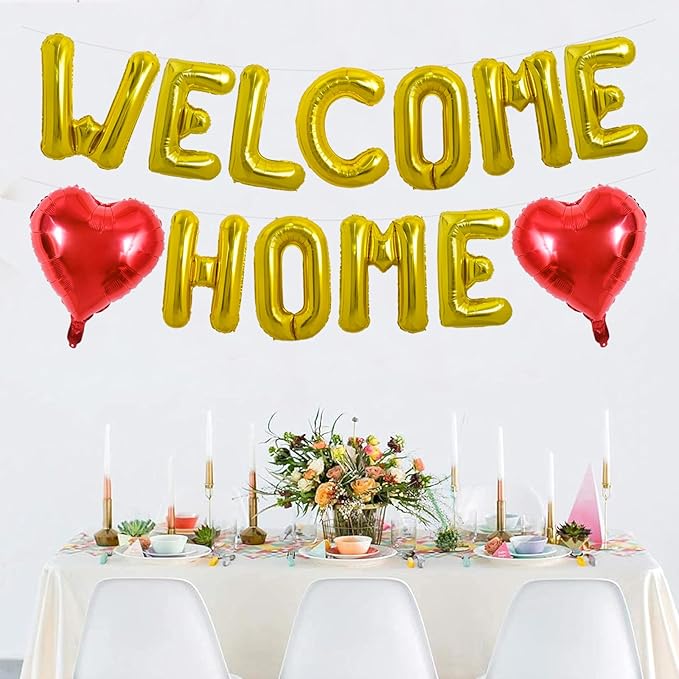 TONIFUL Welcome Home Balloons,16 Inch Gold Welcome Home Foil Balloons Banner Welcome Home Party Decorations for Homecoming Party Decorations House Warming Party Family Gathering Supplies