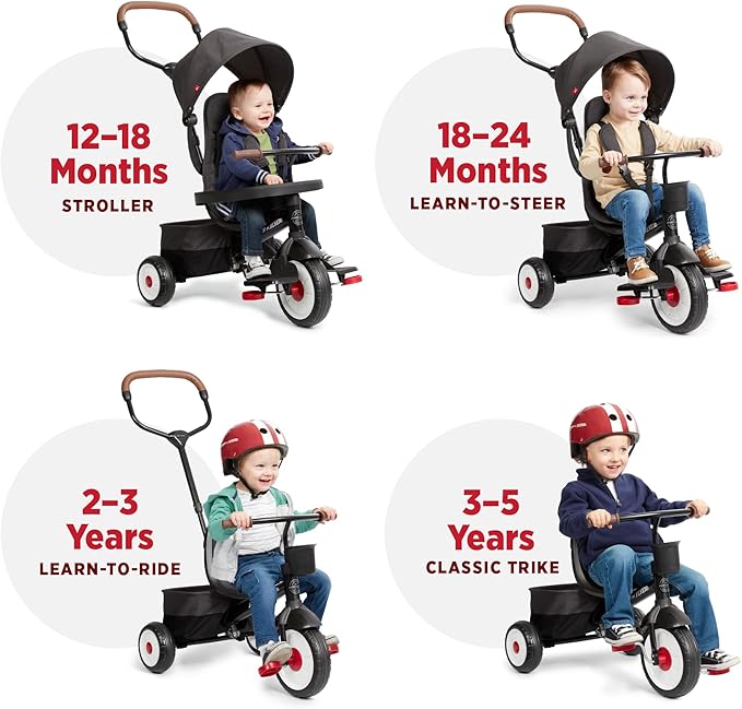 Radio Flyer City 4-in-1 Stroll 'N Trike, Black, for Riders 1-5 Years Old, 4 Riding Modes, 3 Point Harness with Comfort Pad, Parent Controlled Steering, Rear Storage, Stroller Tricycle for Toddlers