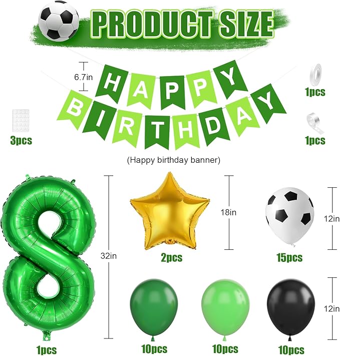 Soccer Party Decorations for Boys, 8th Soccer Birthday Decoration with Green Black White Balloons 'HAPPY BIRTHDAY' Banner Cake Toppers 32in Foil 8 Balloon for Kids Boys Men Birthday Decor