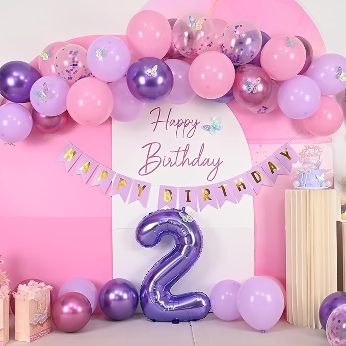 2nd Birthday Decoration for Girls,Pink Purple 2nd Balloon Number 2 Balloon with Butterfly Stickers Star Heart Foil Balloons Happy Birthday Banner for Baby 2 Year Old Party Decor