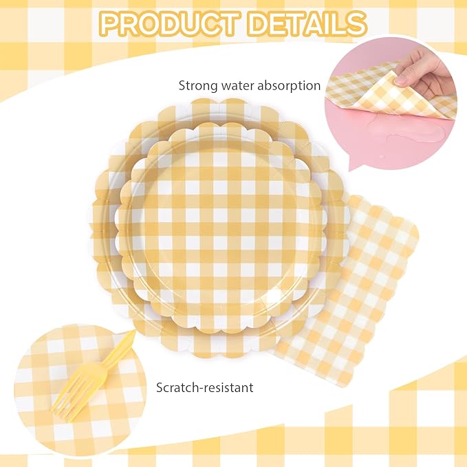 96Pcs Yellow Gingham Plates and Napkins Forks Lace Plaid Paper Plates for 24 Guest Picnic Wedding Baby Shower Tea Kids Birthday Party Supplies Decrations