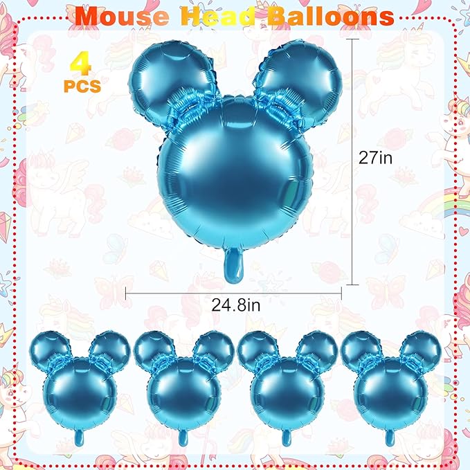 4 Pcs Mouse Head Foil Balloons, 24'' Mouse Mylar Balloon for Birthday Party Decorations Jumbo Mouse Head Aluminum Foil Balloons Party Favors Supplies (Light Blue)