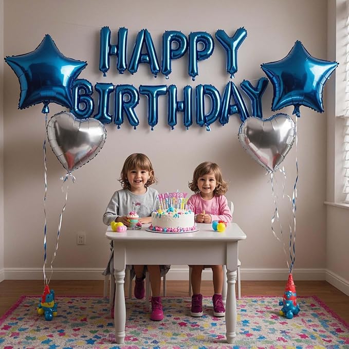 27 Pcs Blue Silver Birthday Decorations, 3D Letters Blue Happy Birthday Balloon Banner, Pentagram Heart Foil Balloons Confetti Balloons Kit For Boys Girls Party Supplies