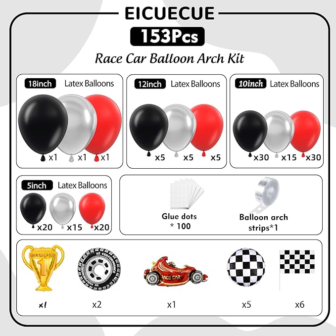 Race Car Balloons Arch Kit -Trophy, Flags, Cars, Tire, Checkered, Wheels and Red Black Silver Balloon Garland Kit for Racing Car Theme Two Fast 2nd One Theme 1st Boy Birthday Party Decoration