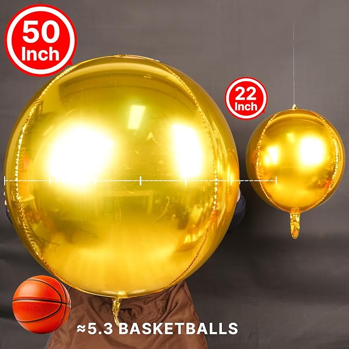 PartyWoo Metallic Gold Foil Balloons 3pcs 50 Inch Large Round Foil Big Giant 4D Jumbo Inflatable Mirror Ball Mylar Balloons for Graduation Birthday Baby Shower Anniversary Tea Party Decorations
