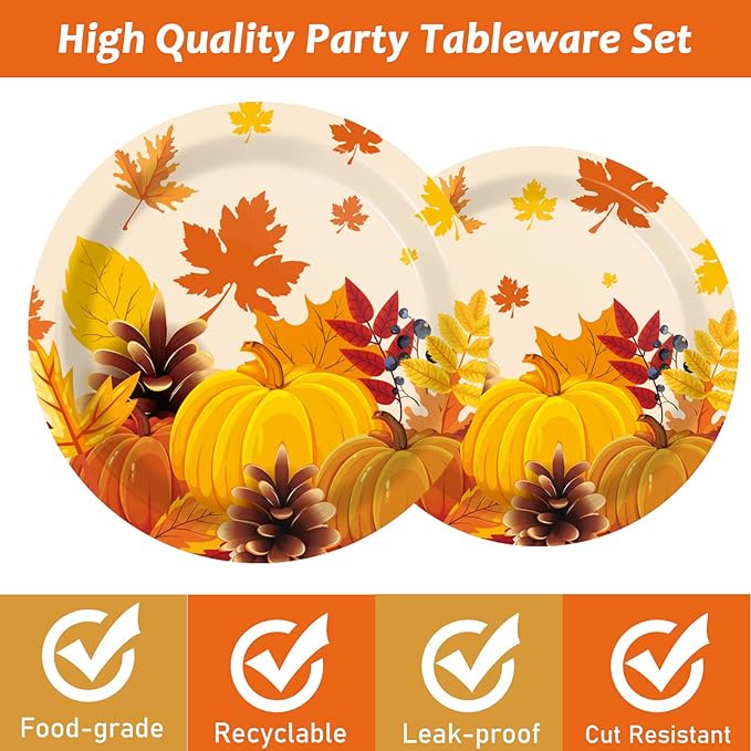 gisgfim 96 Pcs Thanksgiving Fall Plates and Napkins Party Supplies Autumn Leaves Tableware Set Thanksgiving Pumpkin Maple Party Decorations Favors for Fall Theme Birthday Serves 24