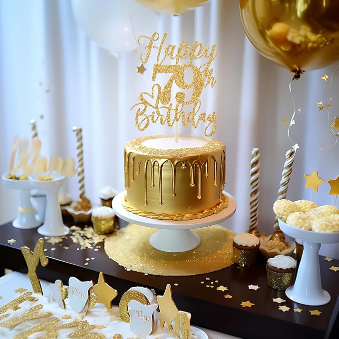 Happy 79th Birthday Cake Topper, 79th Birthday Decorations for Men/Women, Cheers to 79 Years, Hello 79, 79th Happy Birthday Party Supplies Gold Glitter
