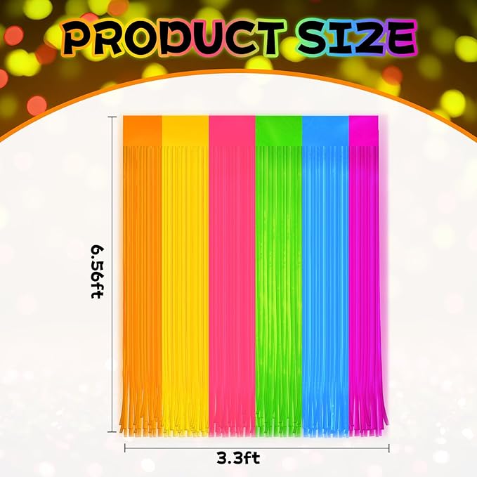 Glow in The Dark Curtains Party Supplies 6.6 x 3.3 Ft Glow Tinsel Foil Fringe Curtains Colorful Patchwork Streamer Backdrop for Birthday Holiday Neon Party Decorations