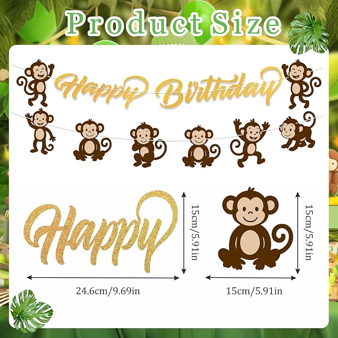 Monkey Birthday Party Decorations Jungle Theme Party Supplies Monkey Happy Birthday Banner Sign Monkey Hanging Cutouts Swirls for Boys Girls Safari Wild Animals Party Baby Shower Favors Decor