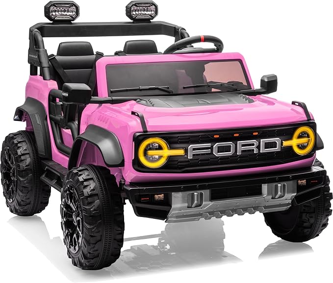 First Ride On 24V Ride on Toys for Big Kids, Licensed Ford Bronco Raptor 2 Seater Ride on Cars with Remote Control, Ride on Truck w/ 4-Wheeler Suspension, 3 Speeds, Led Lights, Bluetooth (24V, Pink) | First Ride On, 24V, for Big Kids, 2 Seater, with Re...