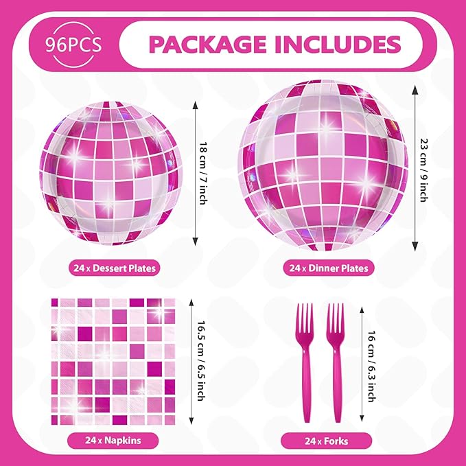 96Pcs Disco Ball Party Decorations Hot Pink Disco Ball Cowgirl Plates and Napkins Sets Iridescent Cowgirl Decorations for Wedding Sprinkle Bachelorette 70s Disco Party Supplies Serves 24