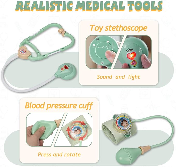 Liberry Doctor Kit for Toddlers 3 4 5 Years Old, 30-Piece Kid Doctor Toy with Stethoscope, Costume, Green Medical Pretend Play, Birthday Gift for Girls Boys