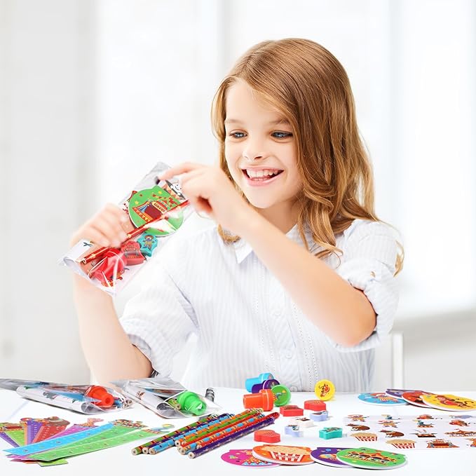 Cholemy 168 Pcs Circus Party Favors Carnival Party Supplies Circus Animal Stationery Set Notebook Sticker Stamper Eraser Ruler Pencil Bag for Carnival Baby Shower Birthday Gift Classroom Prize
