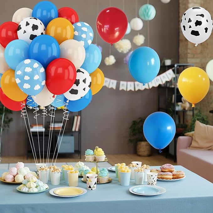 Red Blue Yellow Balloons 12inch Cow Print Sky Blue White Cloud Balloon for Kids Farm Theme Cowboy Birthday Party Decorations Western Blue Red Yellow Beige Latex Helium Balloon for Arch
