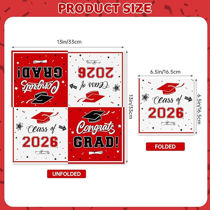 50 Pcs Graduation Napkins Decorations - Red Class of 2026 Congrats GRAD 3-Ply Paper Cocktail Dinner Napkins Set for 2026 Graduation Party Supplies Table Decor Favors, 6.5 x 6.5 Inch