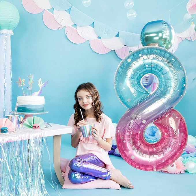 Purple Teal Number 8 Balloons, 40 Inch Giant Mermaid Starry Mylar Foil Number 8 Ballon for Girls, Self Inflating 8th Birthday Helium Balloon for Women 8th Anniversary Party Decorations Supplies