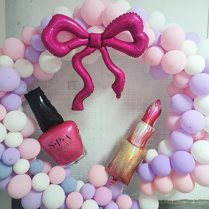 6Pcs Spa Party Decoration Balloons/Nail Polish/LipStick/Hot Pink Bow Foil Balloons/Makeup Party Supplies/Babi Decorion/Pink Girl Party Balloons
