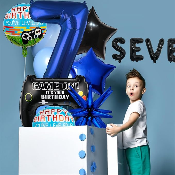 13pcs Video Game Themed Party Decorations, Number 7th Boys Birthday Party Supplies, Navy Blue Video Game Controller Mylar Foil Balloon, Video Game Party Decoration Supplies (Number 7)