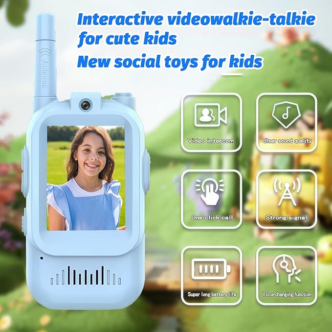 Video Walkie Talkies for Kids - 2 Pack with Real-Time Video & Voice Chat, Fun Voice Changer & Video Effects, Rechargeable, Long Range (500ft), Ideal for Indoor & Outdoor Play(Ages 3-12) (2 Blue)