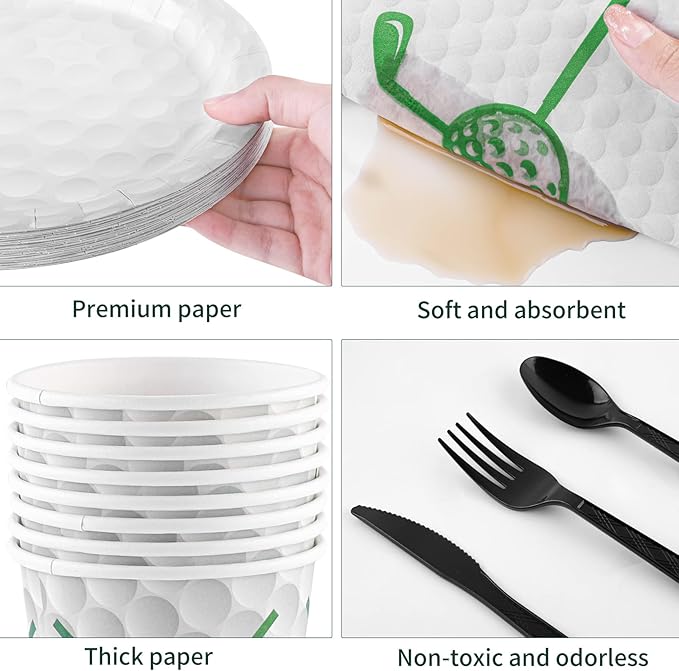 Durony 169-Piece Golf Party Supplies - Green Grass Field Tablecloth, 48 Dessert Plates, 24 Paper Cups, 24 Napkins, 24 Knives, Forks & Spoons - Disposable Golf Tableware Set