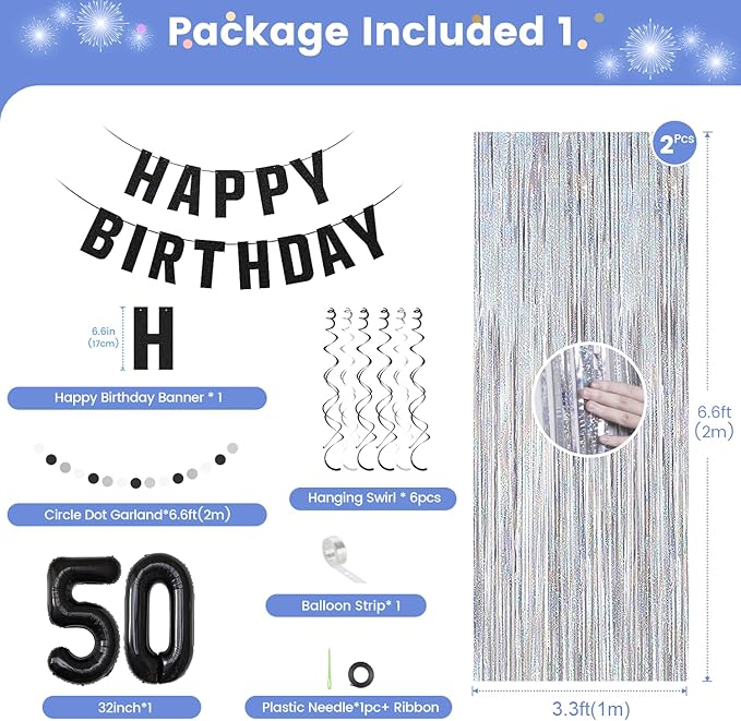 50th Birthday Decorations for Men Women- Black Silver Happy 50th Birthday Party Decor With Banner Backdrop,Number 50 Foil Balloon -Black White Balloons Garland Arch Kit for 50 Years Old Anniversary