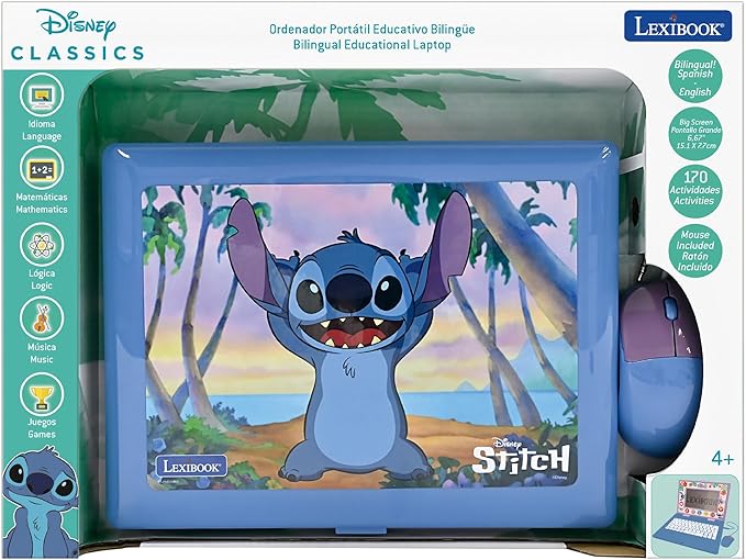 Lexibook, Disney Stitch, Bilingual and Educational Laptop Spanish/English, Toy for Children, 170 Activities to Learn, Play Games and Music, Large Screen, Blue, JC599Di2