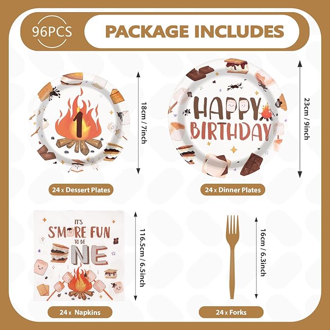 96 Pcs S'Mores Camping Birthday Party Decorations It's S'more Fun to Be One Plates and Napkins Disposable First Birthday Tableware Set for Kid Camper Bonfire Camping Theme 1st Party Supplies Serves 24
