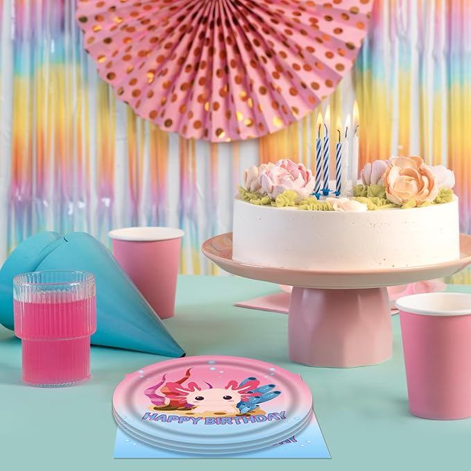 40 Pcs Axolotl Party Birthday Decoration Pink Cartoon Reptile Animals Tableware Set Include 7 Inch Dessert Plates and Paper Napkins for Axolotl Kids Girls Baby Shower Party Supplies