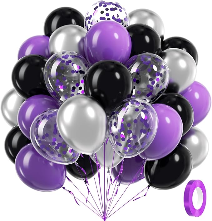 60pcs Purple and Black Balloons 12inch, Purple and Silver Balloon with Metallic Silver Confetti Balloons for Bridal Shower Graduation Birthday Party decorations