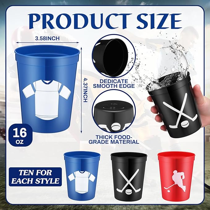 Zhehao 30 Pcs Sport Ball Plastic Cups Hockey Football Basketball Plastic Reusable Drink Cups Bulk 16 oz Stadium Tumbler Stackable Sports Tumbler for Sport Party Supplies(Hockey,Blue, Red, Black)