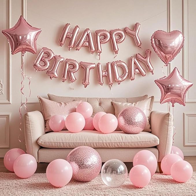 27 Pcs Pink Birthday Decorations, 3D Foil Pink Happy Birthday Balloon Banner, Pentagram Heart Foil Balloons Confetti Balloons Kit For Boys Girls Birthday Party Supplies
