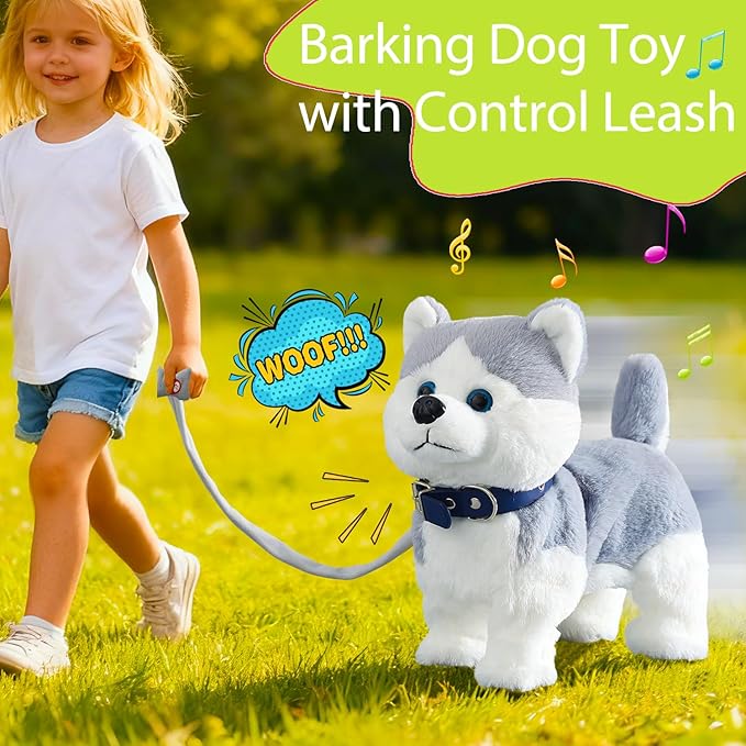 Husky Walking Dog Barking Toy, Musical Singing Dancing Volume Control Interactive Puppy Walk Along with Leash, Wagging Tail Shaking Head, Robot Plush Stuffed Animal Puppy for Kid