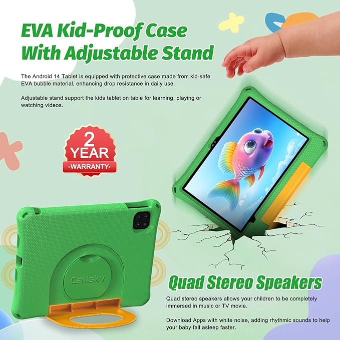 Kids Tablet 11 Inch, Android Tablet with 2 Years Protection, 12GB+128GB, 8000mAh, with EVA Case, Parental Control, Pre-installed Educational APP, WiFi 6, Dual Camera, Quad Speakers, Green