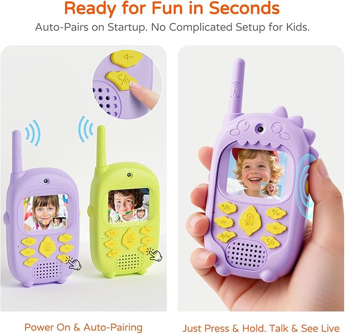 Dual Cameras Video Walkie Talkies for Kids, Kids Walkie Talkies 2 Pack for Age 3-12 Year Old Boys Girls with Front&Rear Cameras, Photo/Video Recording,Rechargeable Battery and Silicone Protective Case